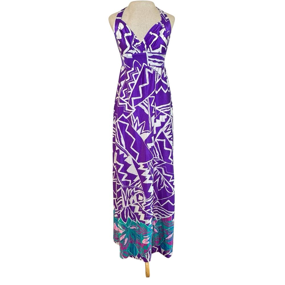 Vtg 1970's Kamehameha Halter Maxi Dress Purple Geometric Print Floral Border NWT